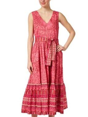 Ro's Garden Mariana Dress Red Pink Midi Tiered Lightweight Cotton Womens Medium